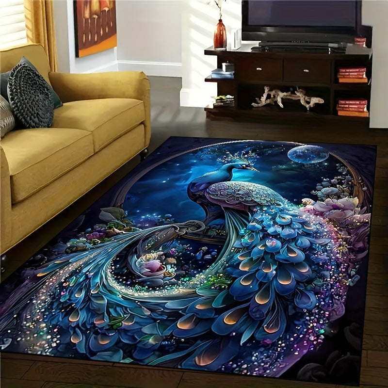 1pc Alfombra de Área con Patrón de Pavo Real, Alfombra de Fibra de Poliéster Antideslizante para Sala de Juegos, Adecuada para Jugadores de Videojuegos - Lavable a Máquina, Alfombra para Suelo de Sofá y Mesa de Café - Perfecta para Dormitorios, Habitacio
