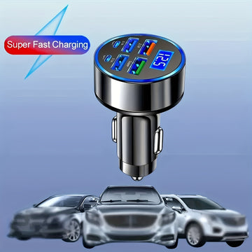 Cargador rápido para auto Datangwin, 6 en 1 con USB-C, doble PD y QC3.0, 4 puertos USB, pantalla de voltaje - Compatible con iPhone, Samsung, Huawei, Xiaomi - Acabado mate, cargador portátil, sin batería