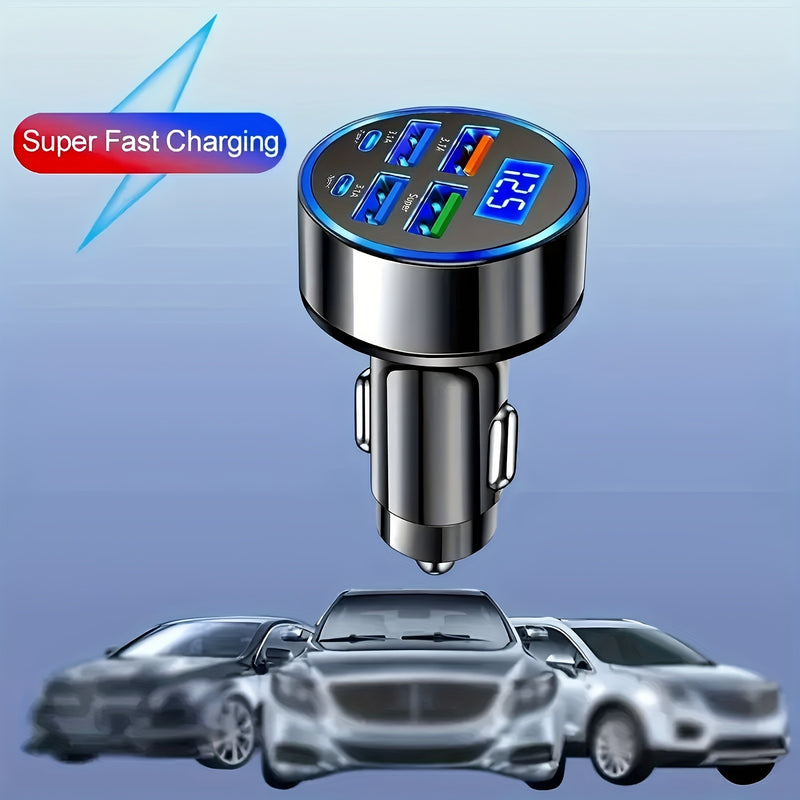 Cargador rápido para auto Datangwin, 6 en 1 con USB-C, doble PD y QC3.0, 4 puertos USB, pantalla de voltaje - Compatible con iPhone, Samsung, Huawei, Xiaomi - Acabado mate, cargador portátil, sin batería