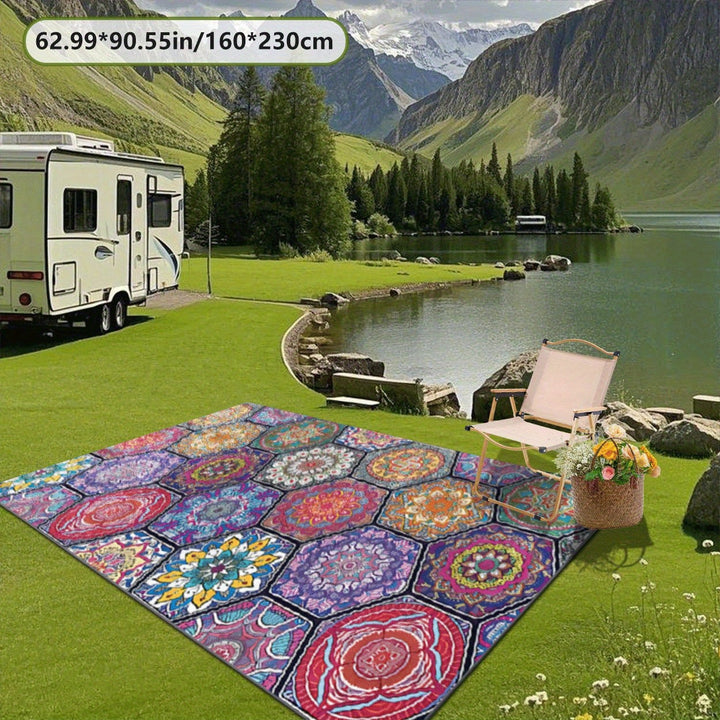 2D Plano, Impresión Digital de Patrón Geométrico, Alfombra Decorativa de Estilo Étnico, Alfombra de Interior para Camper, Alfombra de Tienda, Alfombra de Patio, Alfombra de Entrada, Alfombra de Camping, Adecuada para Camping al Aire Libre, Senderismo, Vi