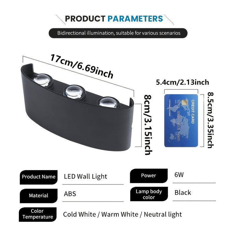 Pack de 3 Luces de Pared LED Modernas, 6W, Calidad Alta IP55, Iluminación Arriba/Abajo, Blanco Frío/Blanco Cálido/Blanco Neutro, Plástico ABS, Montaje Semi Empotrado Fácil para Hogar, Escaleras, Dormitorio, Baño, Luces LED de Alta Calidad