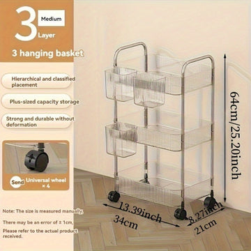 Carrito de almacenamiento acrílico transparente de 3 niveles con ruedas giratorias de 360°, diseño duradero y ahorrador de espacio para organización en el hogar y el baño, incluye 3 contenedores transparentes, solución de almacenamiento para baño, carrit