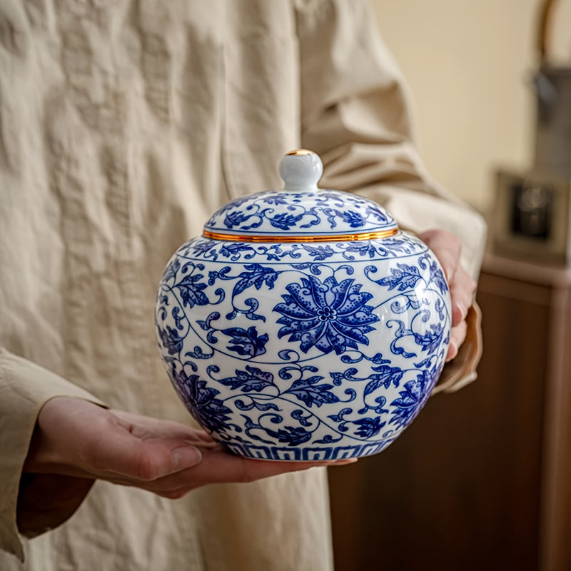 Tarro Clásico de Almacenamiento de Porcelana, Clásico Tarro de Almacenamiento de Porcelana Azul y Blanca con Tapa de Cierre - Perfecto para Té, Especias o Frutas Secas