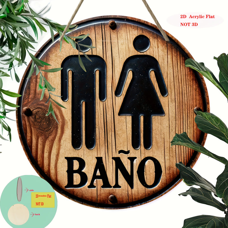 Placa Redonda con Letrero de Baño en Español 2D Plano, Adecuada para Decoración del Hogar y Porche, Arte Mural, 19.81x19.81 cm, 1 Pieza