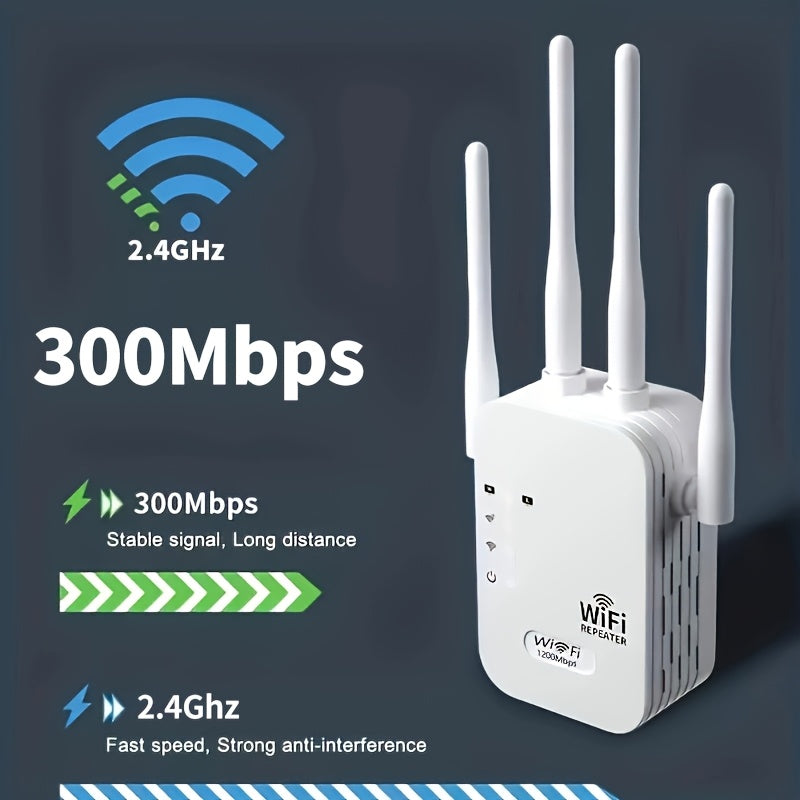 Extensor de WIFI Momotor, Amplificador de Señal WIFI, Alta Velocidad Inalámbrica de 2.4GHz, Potente con 4 Antenas, Alta Penetración, Sólida Señal, Modo de Seguridad WPS, Enrutador de Expansión Doble Modo - Adecuado para Hogar, Cafetería, Oficina, Centro