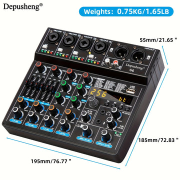 Mezclador de audio USB profesional Depusheng de 4/6 canales con iluminación RGB, consola de sonido, grabación para PC, entradas XLR y RCA para streaming, karaoke, fiestas, estudio en casa - material ABS, no requiere batería, configuración de grabación, a