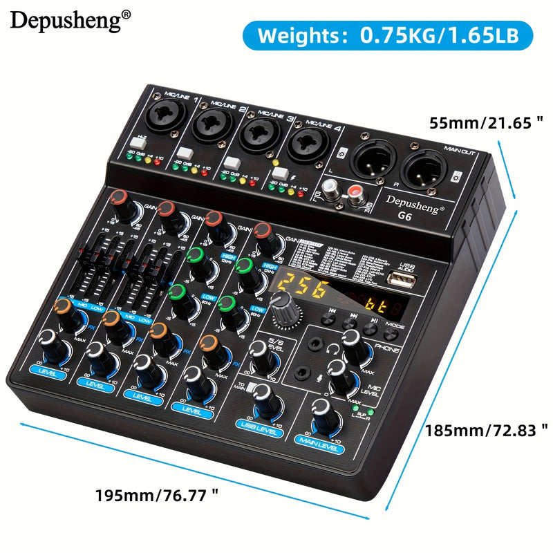 Mezclador de audio USB profesional Depusheng de 4/6 canales con iluminación RGB, consola de sonido, grabación para PC, entradas XLR y RCA para streaming, karaoke, fiestas, estudio en casa - material ABS, no requiere batería, configuración de grabación, a