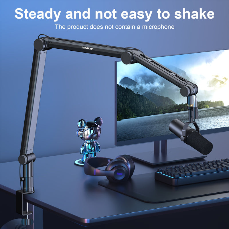 Brazo de suspensión para micrófono AOKEO AK-49 avanzado con gestión de cables de audio, brazo ajustable en 3 niveles para micrófonos Yeti, Snowball, iCE, HyperX, QuadCast, SoloCast, Elgato Wave - Montaje de escritorio en aleación resistente, ocultación d