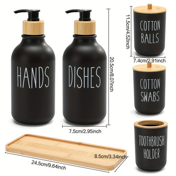 Juego de Accesorios para Baño, Juegos de Accesorios de Plástico para Baño de 6 piezas con Bandeja de Tocador, Dispensador de Jabón, Portacepillos de Dientes, Porta Cepillitos y Bolas con Tapas de Bambú, Estilo Bohemio, Decoración Moderna para el Baño