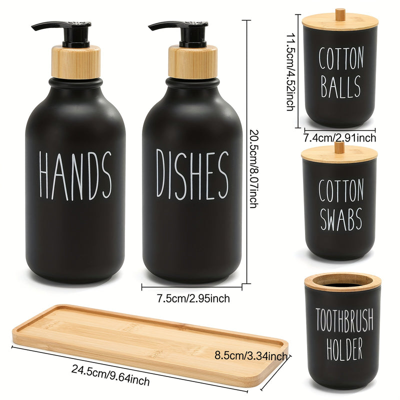 Juego de Accesorios para Baño, Juegos de Accesorios de Plástico para Baño de 6 piezas con Bandeja de Tocador, Dispensador de Jabón, Portacepillos de Dientes, Porta Cepillitos y Bolas con Tapas de Bambú, Estilo Bohemio, Decoración Moderna para el Baño
