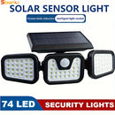 Luz solar de pared con 3 cabezas y 74 LED, ajustable, con sensor de movimiento, IPX4, para exteriores, hogar, jardín, patio, energía solar con batería, luces solares para exteriores, iluminación de patio, iluminación moderna, iluminación duradera.