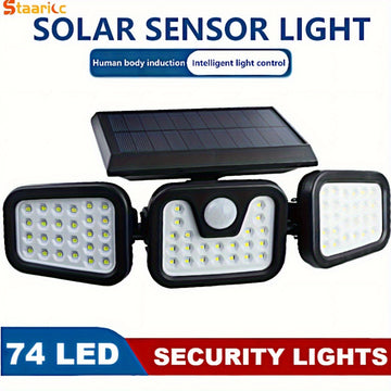 Luz solar de pared con 3 cabezas y 74 LED, ajustable, con sensor de movimiento, IPX4, para exteriores, hogar, jardín, patio, energía solar con batería, luces solares para exteriores, iluminación de patio, iluminación moderna, iluminación duradera.