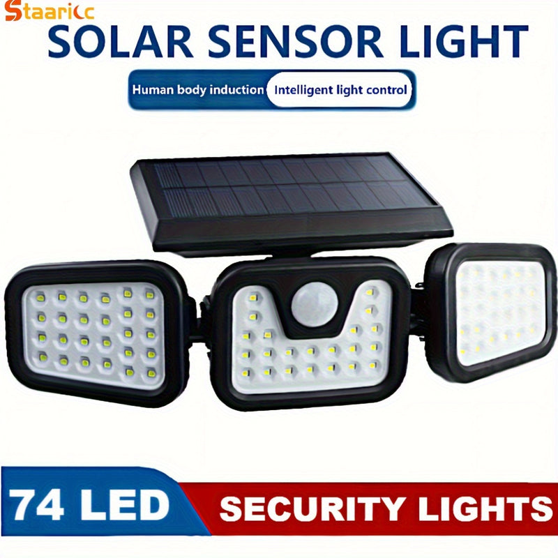 Luz solar de pared con 3 cabezas y 74 LED, ajustable, con sensor de movimiento, IPX4, para exteriores, hogar, jardín, patio, energía solar con batería, luces solares para exteriores, iluminación de patio, iluminación moderna, iluminación duradera.