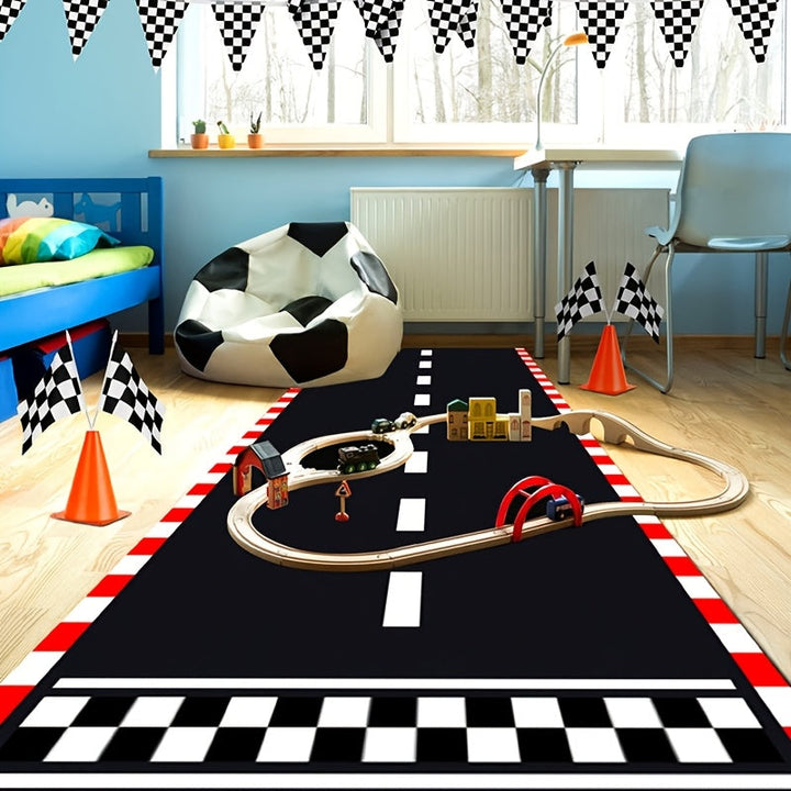 1pc Alfombra de Pista a Cuadros en Blanco y Negro, 60*250cm - Runner Deportivo de Poliéster con Diseño "START", Ideal para Fiestas Temáticas de Carreras y Decoraciones de Cumpleaños
