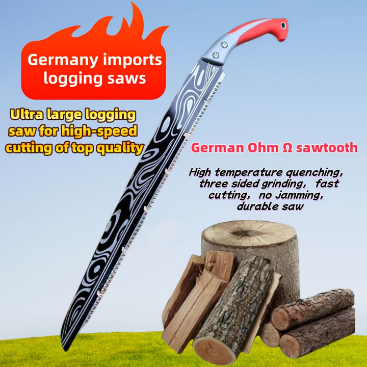 Sierra de Mano Alemana Extra Grande. Fabricada en acero SK5 con patrón Damasco, fácil de usar y eficiente para jardinería al aire libre