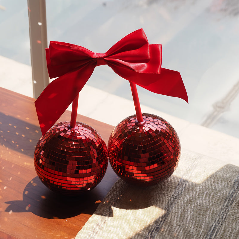 Esferas de discoteca con moños y cerezas, decoración para fiestas y hogar, regalos con moños para colgar en la pared, decoración llamativa en rosa, azul y rojo