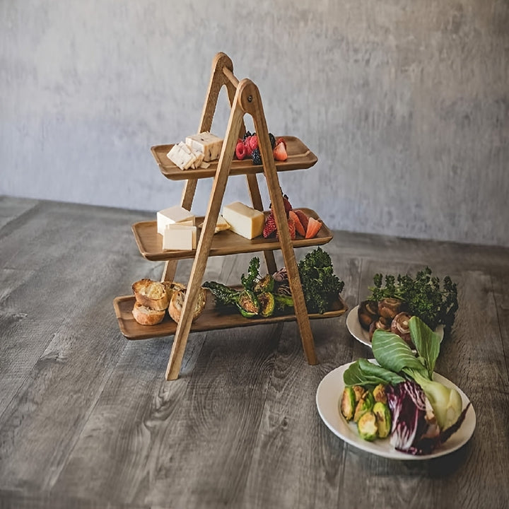 1 bandeja de madera de 3 niveles, sin necesidad de energía, estante de almacenamiento para cocina, soporte de exhibición para hogar, hotel o restaurante