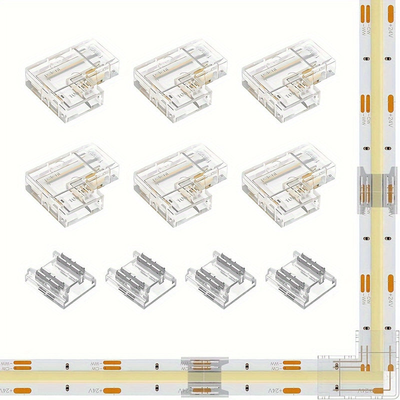 Kit de conectores para tiras LED de 8mm/10mm de ancho, 6 piezas de conectores en L transparentes sin espacio y 4 piezas de conectores de tira a tira para luces LED PWM FCOB CCT