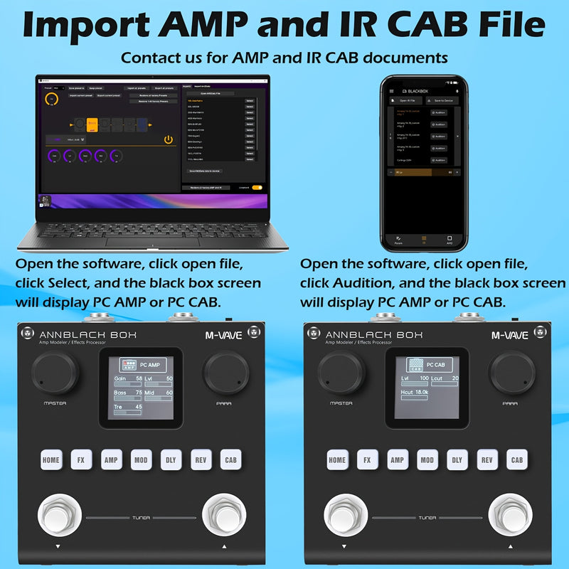 ANNBLACK BOX Procesador de Pedales para Guitarra y Bajo - 80 Preestablecidos + 6 Módulos Personalizables, Grabación Inalámbrica/OTG, Tiempo de Ejecución de 10H, 20 IR Cab SIM, Alimentado por USB/Batería, Equipo de Estudio de Grabación, Unidad de Efectos