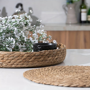 Conjunto de 4 posavasos tejidos a mano con soporte - 30 cm/11,8 pulgadas, material natural, adecuado para Navidad, Halloween, Pascua, Hanukkah, Acción de Gracias y más - Perfecto para la decoración del hogar y bodas