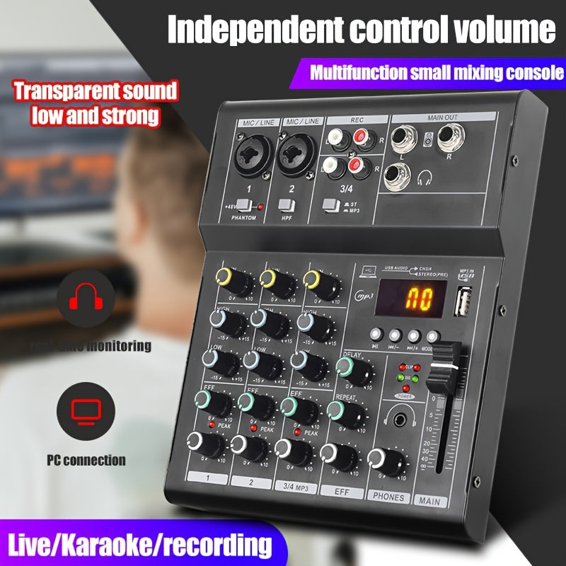 Mezclador de Audio Profesional LX01 | Multicanal con Alimentación USB | Consola Negra en Aleación con Pantalla Digital y Controles Individuales para Canales | Ideal para Transmisiones, Karaoke y Estudios Caseros | Diseño Compacto con Reproductor de MP3 |