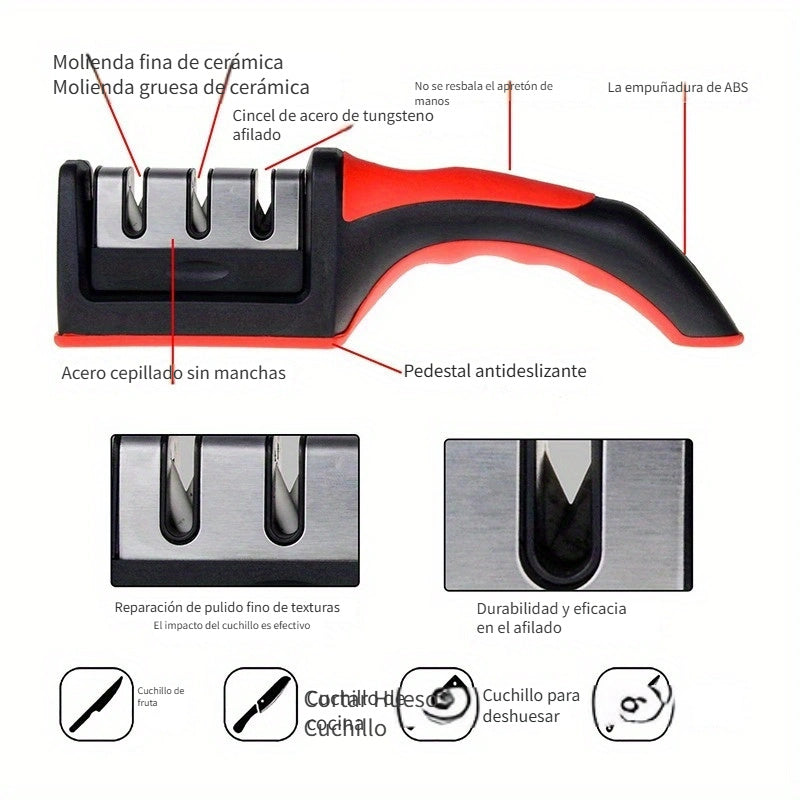 Afiliador Profesional de 3 Etapas - con Mango Antideslizante, Afilado Rápido y Duradero - Colores y Rojo, Construcción Resistente, Ideal para Cocina y BBQ, Regalo Perfecto para el Día del Padre, Herramienta Esencial de Cocina, Diseño Elegante, Material R