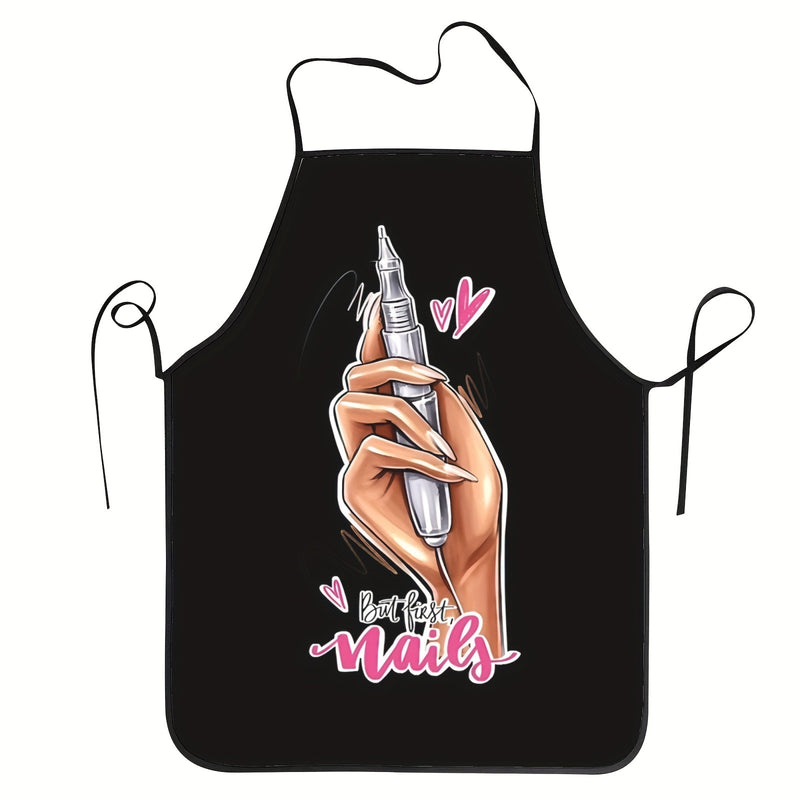 Delantal de diseño de arte de uñas negro vibrante - Correa de cuello ajustable, 100% poliéster de alta resistencia, perfecto para cocinar, jardinería y uso de cocina, elegante y funcional.