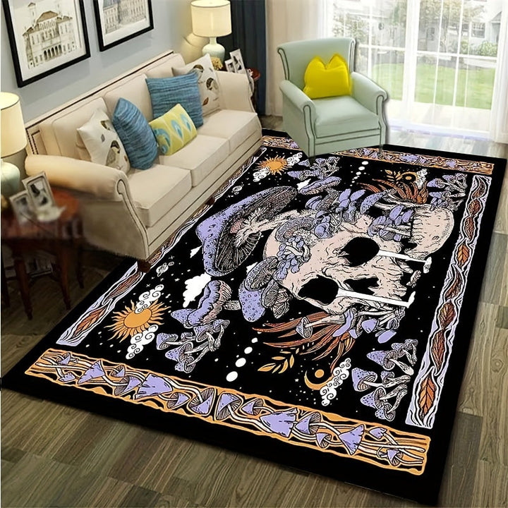 Alfombra Antideslizante con Patrón de Calavera y Setas - Lavable a Máquina, Perfecta para Sala de Estar, Dormitorio, Baño y Decoración de Entrada