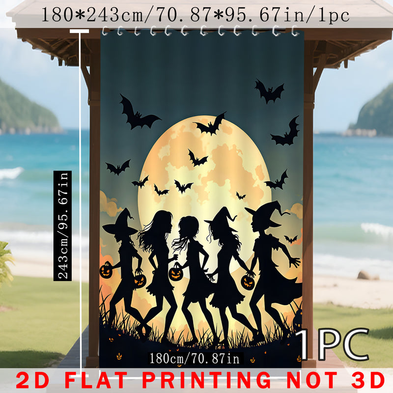 1pc/2pcs Cortinas para Exteriores, Diseño de Escena de Bruja en y Naranja con Estampado 2D, Adecuadas para Patio, Cenador, Jardín, Todas las Estaciones, Incluye Ganchos, Decoración Temporal para Halloween, Navidad y Bodas
