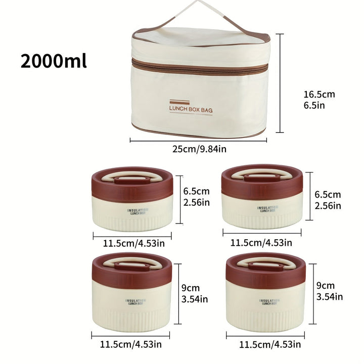 Juego de 1 lonchera térmica redonda de 2000 ml con 4 recipientes de acero inoxidable, apta para microondas, ideal para oficina, escuela, viajes, picnic y comida para llevar