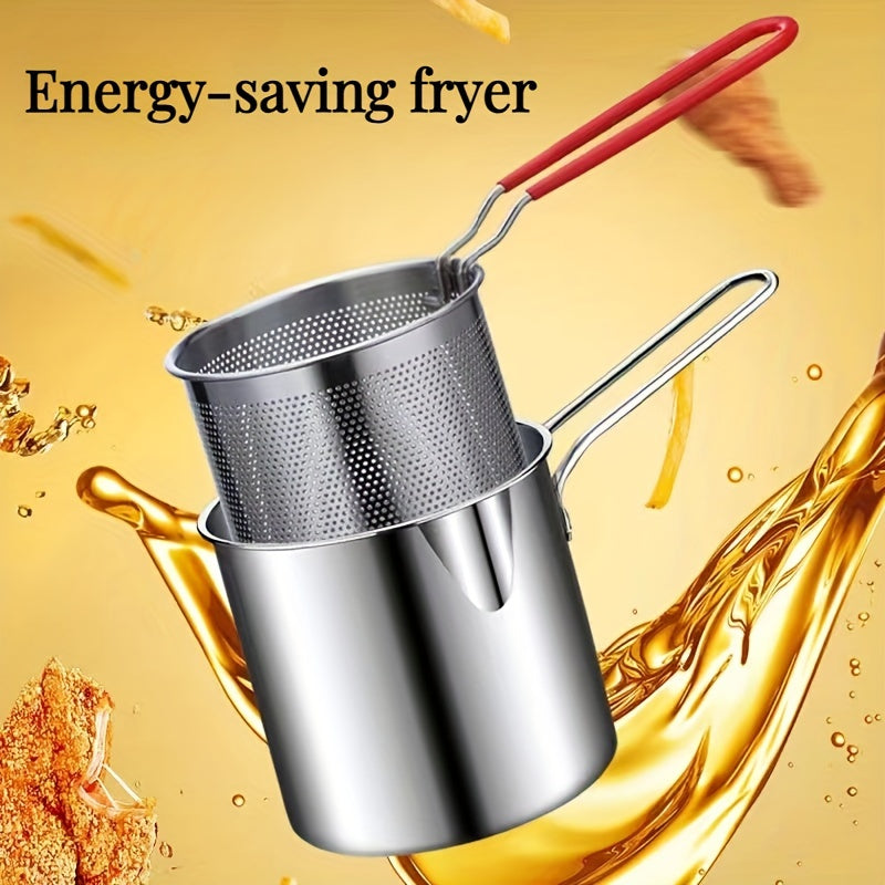 Freidora de acero inoxidable con cesta y clip - Mini freidora de 1,2 l sin carga y de bajo consumo para cocinas de inducción y gas, perfecta para freír patatas fritas, pollo, nuggets - Utensilios de cocina con mango