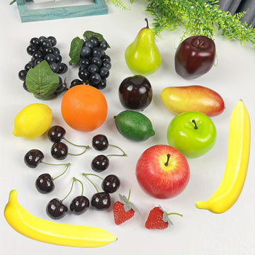 Conjunto de 20 Piezas de Frutas Realistas - Fresas, Manzanas, Peras, Limones, Naranjas, Uvas, Cerezas, Mangos y Plátanos Artificiales para Decoración del Hogar, Fiestas y Exhibición Navideña, Accesorios de Fotografía, Decoración de Frutas para Fiestas