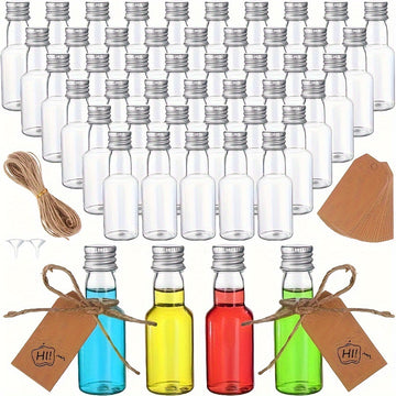 60 Piezas de Botellas Mini de Licores, Botellas Plásticas Vacías Herméticas 25ml/50ml/100ml, Botellitas para Alcohol o Salsa, Botillas Transparentes para Bodas y Fiestas, Regalos Pequeños