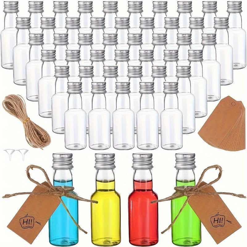 60 Piezas de Botellas Mini de Licores, Botellas Plásticas Vacías Herméticas 25ml/50ml/100ml, Botellitas para Alcohol o Salsa, Botillas Transparentes para Bodas y Fiestas, Regalos Pequeños