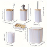 Juego de accesorios de baño de 6 piezas negro con soporte de cepillo de dientes, dispensador de jabón, bote de basura, cepillo de inodoro y soporte, plato de jabón - Plástico duradero, reutilizable, montaje en suelo