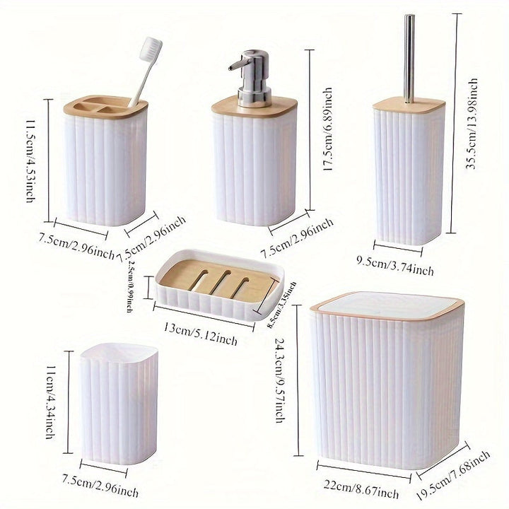 Juego de accesorios de baño de 6 piezas negro con soporte de cepillo de dientes, dispensador de jabón, bote de basura, cepillo de inodoro y soporte, plato de jabón - Plástico duradero, reutilizable, montaje en suelo