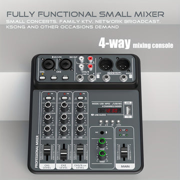Consola de Mezcla BOMGE Profesional 4 Canales con Interfaz USB, Compatible con MP3 y Entrada de Computadora, Ideal para Estudio, Streaming en Vivo, Grabación y Podcasting