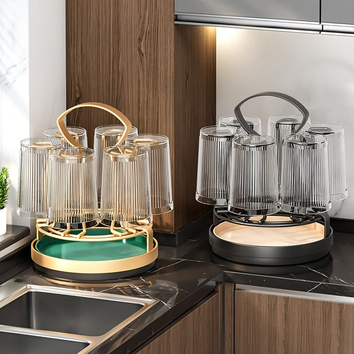 1 Portavasos Giratorio - Diseño de Hierro Elegante con Base Dorada, Sostiene 6 Tazas, Ideal para Encimeras de Cocina y Baño, Seguro para Lavavajillas, Almacenamiento de Tazas Colgantes