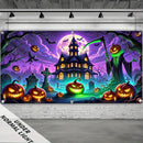 1pc Banderín UV que Brilla en la Oscuridad para Halloween - Diseño de Casa Encantada con Calabazas, Murciélagos y Lápidas, Decoración Grande de Tela Poliéster para Puertas de Garaje o Interiores/Exteriores, Sin Necesidad de Energía, Adornos Festivos, Amb