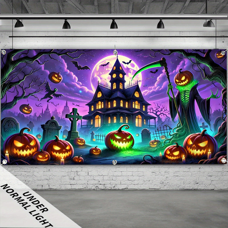 1pc Banderín UV que Brilla en la Oscuridad para Halloween - Diseño de Casa Encantada con Calabazas, Murciélagos y Lápidas, Decoración Grande de Tela Poliéster para Puertas de Garaje o Interiores/Exteriores, Sin Necesidad de Energía, Adornos Festivos, Amb