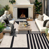 7 Estrellas Cérvolos Alfombra Ultra-Suave Geométrica para Exteriores - Antideslizante, Lavable en Máquina, Poliéster Duradero para Patio, Camping y Decoración del Hogar - Diseño Elegante de Rayas Negras y Blancas, Tamaños Variados Disponibles, Alfombra d