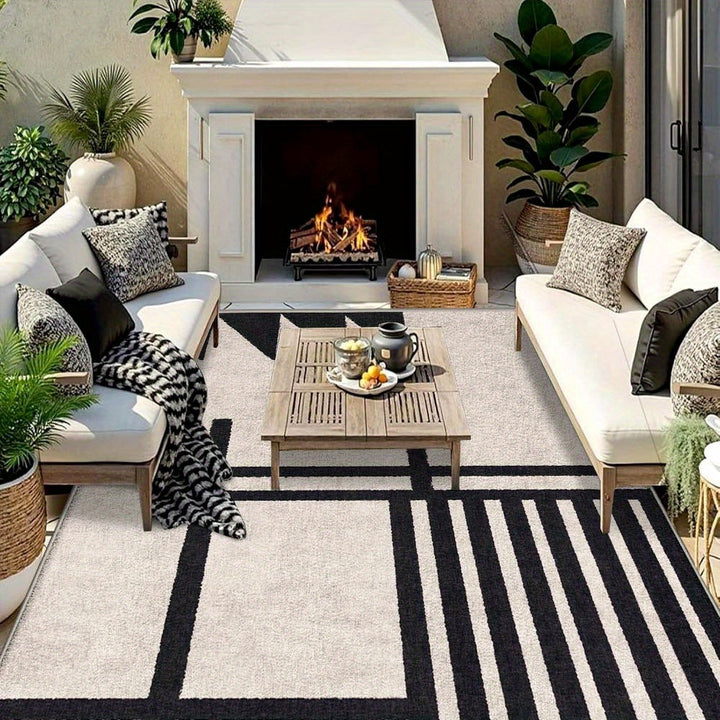 7 Estrellas Cérvolos Alfombra Ultra-Suave Geométrica para Exteriores - Antideslizante, Lavable en Máquina, Poliéster Duradero para Patio, Camping y Decoración del Hogar - Diseño Elegante de Rayas Negras y Blancas, Tamaños Variados Disponibles, Alfombra d