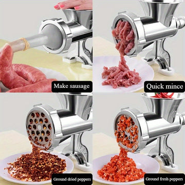 1pc Molinillo de carne de aleación de aluminio duradero manual con asa, molinillo de cocina a prueba de óxido y relleno de salchichas, operación suave para cocina en casa y fiestas, herramienta de preparación de alimentos | Apariencia metálica elegante |