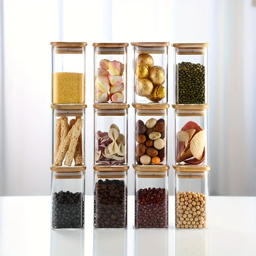 Juego de 12 frascos de vidrio cuadrados con tapas de bambú, reutilizables, contenedores multiusos para té, café, harina, azúcar, dulces, galletas y especias