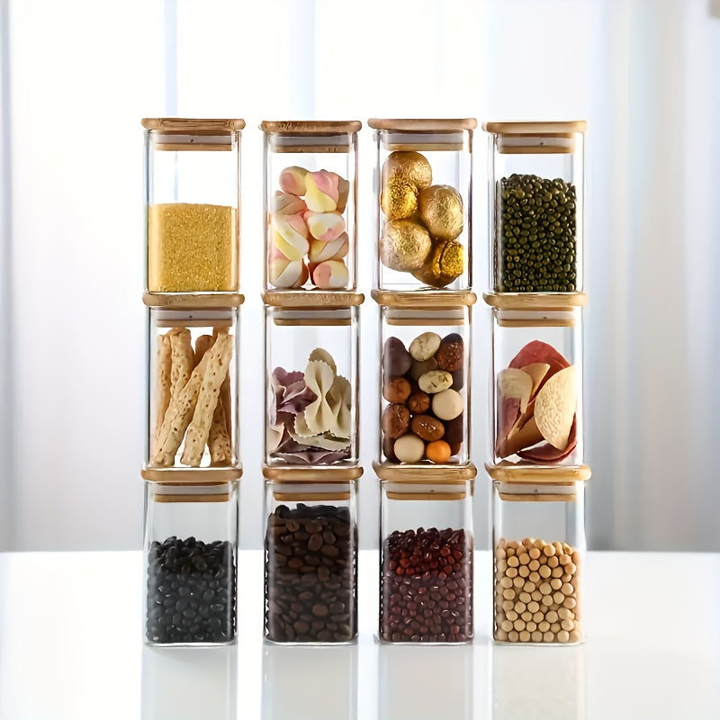 Juego de 12 frascos de vidrio cuadrados con tapas de bambú, reutilizables, contenedores multiusos para té, café, harina, azúcar, dulces, galletas y especias