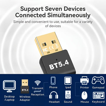 Adaptador inalámbrico USB BT5.4 - Sonido de alta definición, baja latencia, resistente a interferencias, compatible con Windows 11/10/8.1/7, compatible con audífonos, bocinas, teclado, mouse, impresora - No necesita batería, conexión múltiple, adaptador
