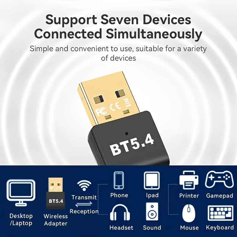Adaptador inalámbrico USB BT5.4 - Sonido de alta definición, baja latencia, resistente a interferencias, compatible con Windows 11/10/8.1/7, compatible con audífonos, bocinas, teclado, mouse, impresora - No necesita batería, conexión múltiple, adaptador