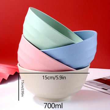Juego de 4 piezas, Tazones de paja de trigo reutilizables, ovalados de 12 cm, seguros para microondas y resistentes a golpes, para uso en casa y al aire libre, perfectos para sopa, snacks, ensalada, cena, utensilios de cocina, patrón rayado, forma redond