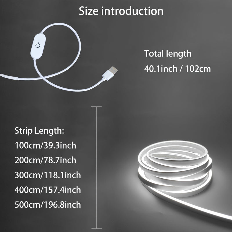 1 pieza de tira de luz neón blanca de 1-5m (3.28-16.4 pies) con voltaje seguro de 5V, conexión USB táctil, se puede cortar y doblar, adecuada para decoración interior, paisajes exteriores, ambiente festivo, escenas de bricolaje