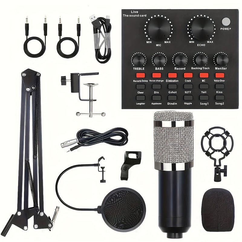 Kit de micrófono Black Iron Studio, BM-800 Podcast Mic, con tarjeta de sonido V8, batería de litio recargable por USB, control de volumen, conector de 3,5 mm, para portátil, Vlog, transmisión en vivo, videoconferencia, karaoke, canto